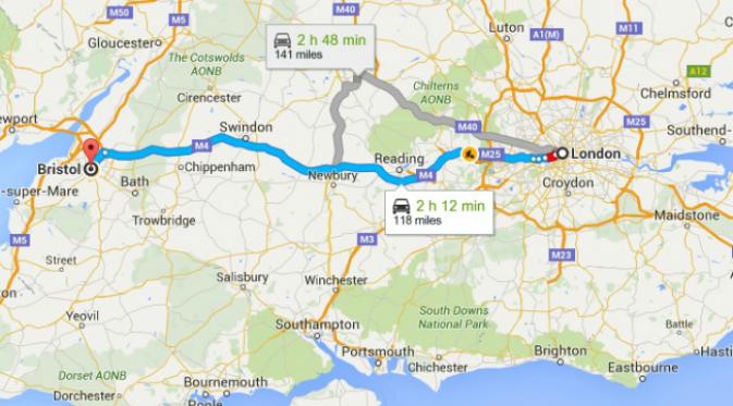 Ilustrasi jarak antara kota London dan kota Bristol di Inggris. (Sumber Google Maps)