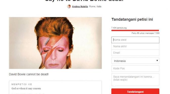 Petisi online berjudul Katakan Tidak untuk Kematian David Bowie di situs change.org. (via change.org/p/god-say-no-to-david-bowie-dead)