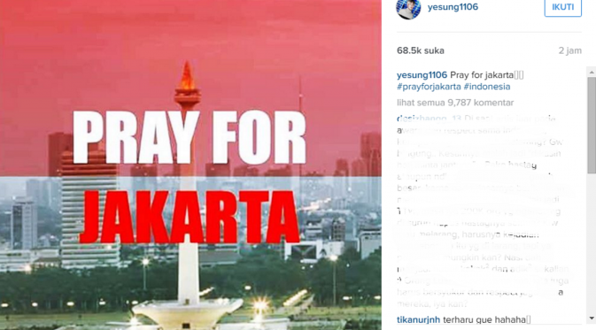 Foto unggahan Yesung `Super Junior` sebagai rasa simpati untuk teror yang terjadi di Jakarta, Kamis, (14/1/2016).