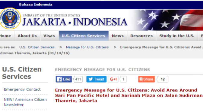 Terjadi ledakan di Sarinah, kedutaan Amerika Serikat rilis 'travel advice'. | via: jakarta.usembassy.gov