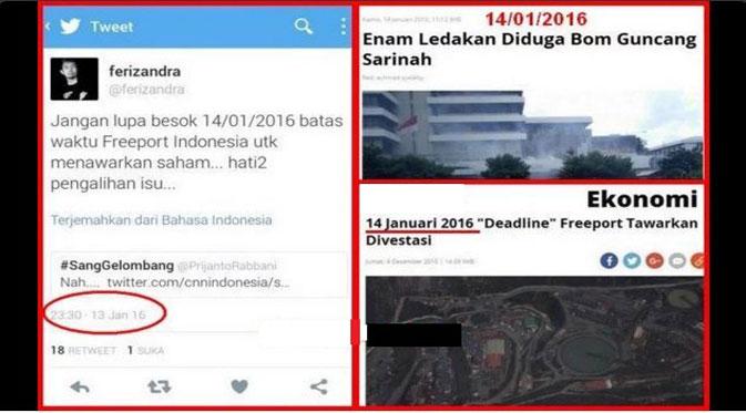 Kicauan netizen soal ledakan bom di Sarinah yang dikaitkan dengan pengalihan isu divestasi Freeport | Via: twitter.com/ferizandra