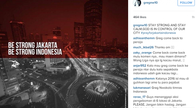Pesepak bola naturalisasi Indonesia, Greg Nwokolo turut prihatin melalui akun instagram pribadinya atas tragedi bom di kawasan Sarinah, Thamrin, Jakarta, Kamis (14/1/2016). (Instagram)
