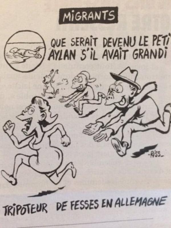 Aylan Kurdi 'Dewasa' di sampul majalah Charlie Hebdo. | via: Daily Mail