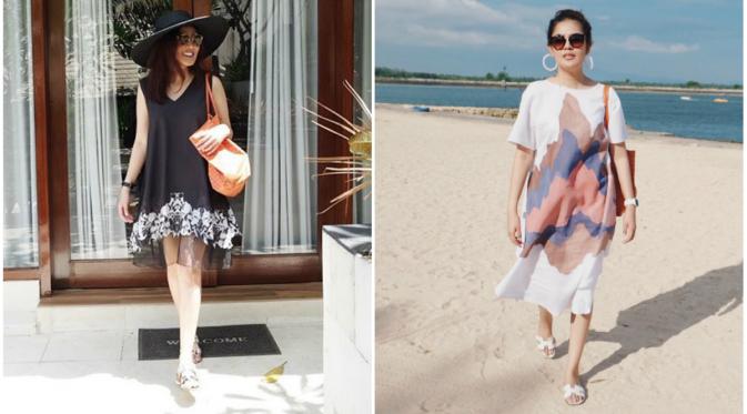  Gaya Nindy saat liburan di Bali kiri: tropical dress (Natalia Kiantoro) kanan: tropical dress (Manda Selena) Foto: instagram.com/nindyparasadyharsono/