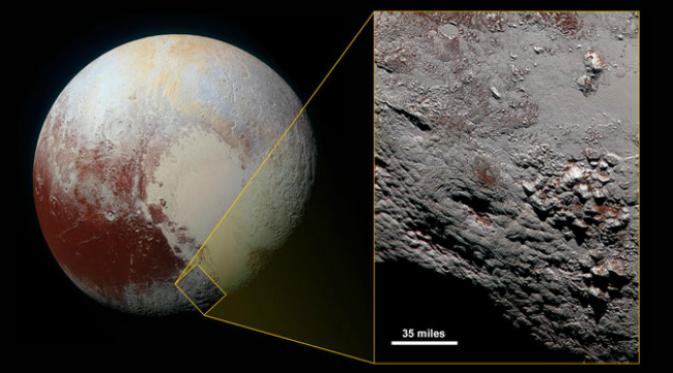 Volkano itu merupakan yang terbesar yang pernah ditemukan di sistem tata surya bagian luar dan terletak di ujung bawah daerah 'hati' di Pluto. (Sumber NASA/JHUAPL/SWRI)