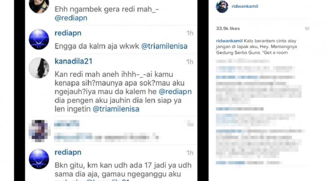 Beberapa remaja pacaran yang bertengkar di akun instagram Kang Emil [foto: instagram/ridwankamil]