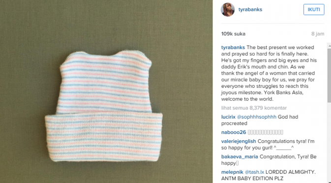 Tyra Banks mengunggah foto topi bayi, menunjukkan kehadiran anak laki-lakinya telah lahir ke dunia (Instagram)