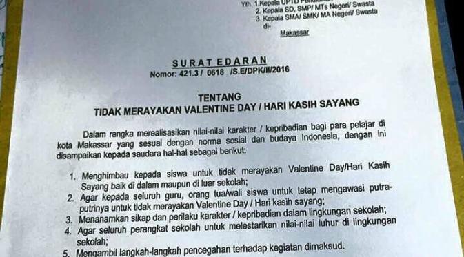 Pelajar se-Kota Makassar mulai dari tingkat SD, SMP, SMA,SMK, dan MTsn sederajat dilarang merayakan Valentine Day. (Ahmad Yusran/Liputan6.com)