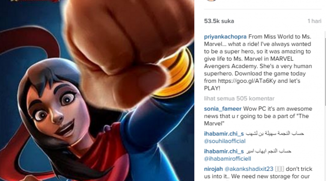 Priyanka Chopra ungkap rasa bahagianya dengan mengunggah karakternya sebagai tim Marvel (Instagram)