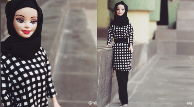 Bukan dengan gaun putri raja atau pakaian renang, para Barbie terlihat modis dengan hijab. (Instagram/Hijarbie)