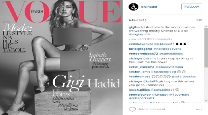 Ini Pose Telanjang Gigi Hadid Untuk Majalah Vogue Paris. Sumber : instagram.com