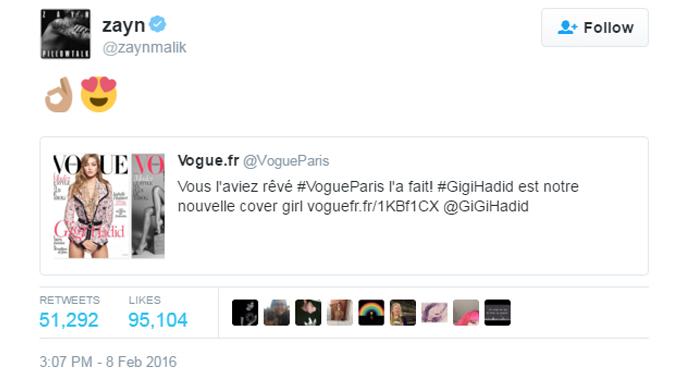 Zayn Malik menuliskan reaksinya melihat Gigi Hadid tampil bugil di Vogue Paris. (foto: twitter.com/zaynmalik)