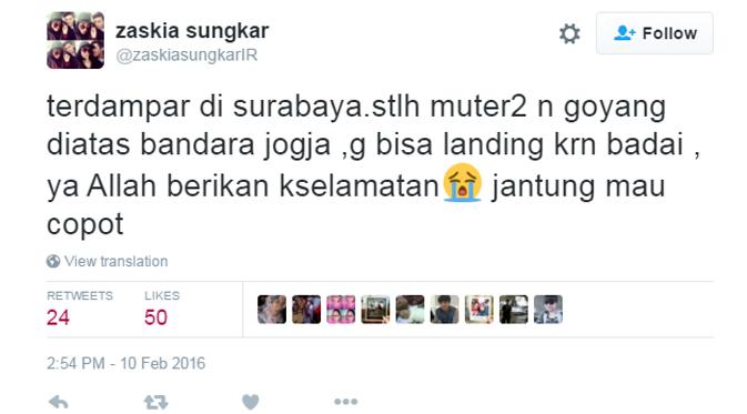 Zaskia Sungkar mengungkapkan pesawat yang ditumpanginya tak bisa mendarat. (foto: twitter.com/zaskiasungkarIR)