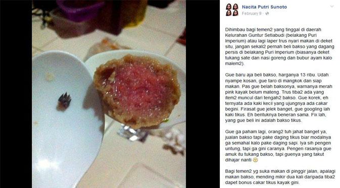 Seorang netizen kecele saat beli bakso. Dia mendapat 'kejutan' dan mengetahui kalau baksonya itu dari daging tikus, yaiks!