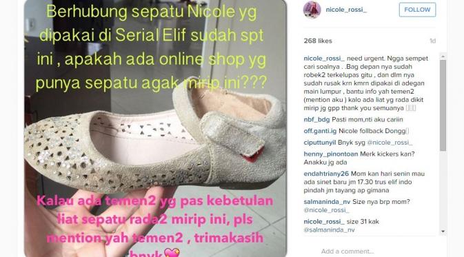 Pemeran Elif Indonesia Butuh Bantuan Cari Sepatu Baru [foto: instagram/nicole_rossi]