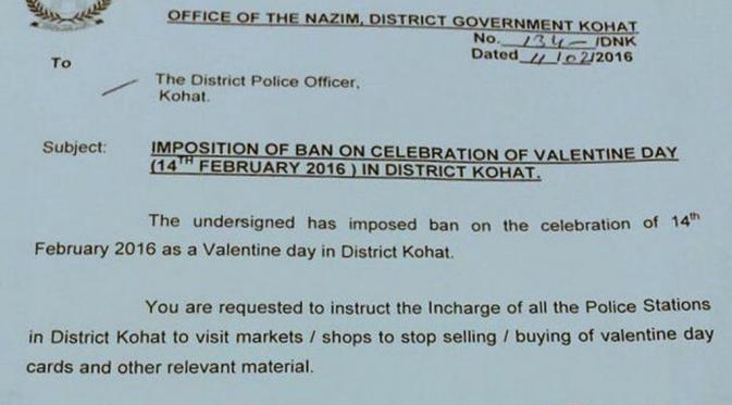 Presiden Pakistan Kecam dan Larang Warga Rayakan Hari Valentine. Surat edaran larangan Valentine di distrik Khohat. (BBC)