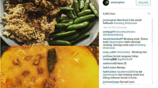 Pemain Tottenham Hotspur, Jan Vertonghen, mengunggah masakan Rendang buatannya di situs jejaring sosial Instagram. (Instagram)