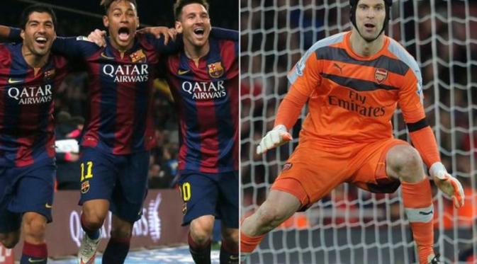 Penjaga gawang Arsenal, Petr Cech, memiliki rekor bagus kala berhadapan melawan trio penyerang Barcelona, MSN. (Mirror)