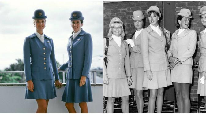 Nampak Pramugari Pan Am (kiri) mengenakan seragam berwarna biru terang (Foto: Alamy Stock Photo).