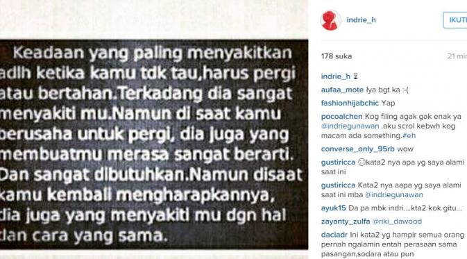 Curahan hati Indriani Hadi lewat akun media sosial (Instagram/@indrie_h)