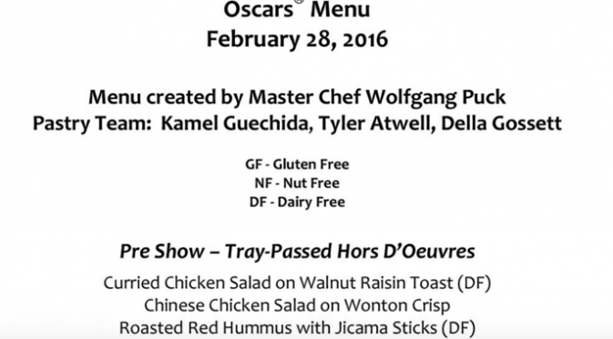 Daftar menu hidangan di ajang Piala Oscar (Foto: hollywoodreporter.com)