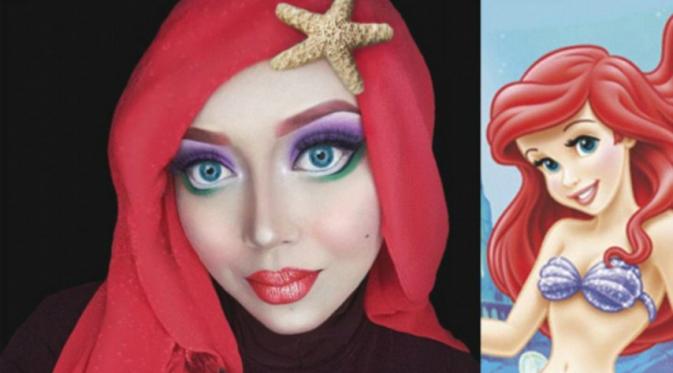 Saraswati bertransformasi menjadi Ariel dengan hijab berwarna merah sebagai pengganti rambut (Foto: Daily Mail)