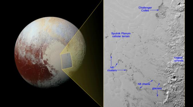 Sejumlah gambar terkini dari wahana New Horizons mengungkapkan keberadaan es beraneka bahan di Pluto. (Sumber NASA/JHUAPL/SWRI)