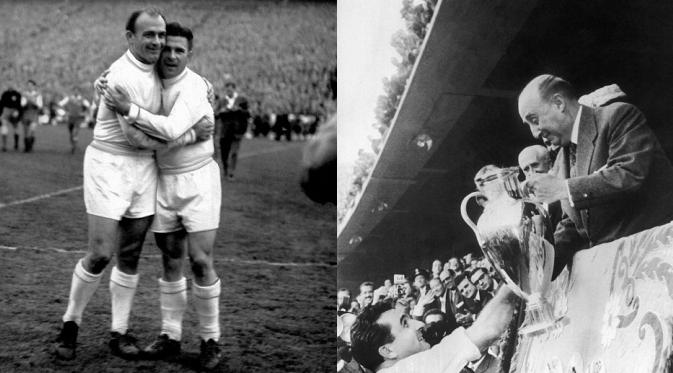 Foto kiri: Dua legenda Real Madrid, Alfredo Stefano (kiri) dan Ferenc Puskas (kanan) pada laga final Liga Champions 1960. Foto kanan: Kapten Real Madrid, Miguel Munoz memberikan trofi Liga Champions kepada Jenderal Franco pada 1957. (Daily Mail). 
