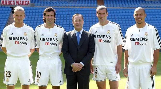 Presiden Real Madrid, Florentino Perez (tengah) bersama para legenda Los Galacticos. Dari kiri ke kanan: David Beckham, Luis Figo, Zinedine Zidane, dan Ronaldo Luís Nazário de Lima. (Real Madrid).