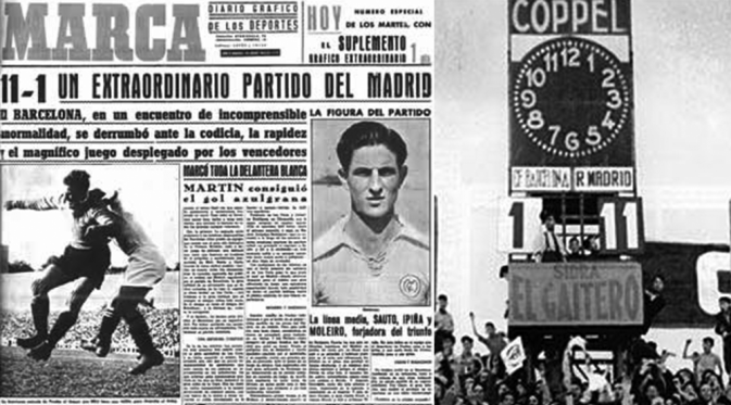 Halaman utama Marca memberitakan kekalahan 1-11 Barcelona dari Real Madrid pada 13 Juni 1943 di ajang Copa del Generalísimo. (Sofascore).