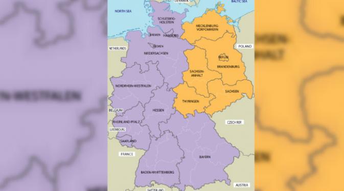 Pada masa Perang Dingin, negara Jerman terbagi menjadi Jerman Barat dan Jerman Timur. (Sumber maps-of-germany.co.uk)