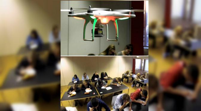 Para guru di Belgium's Thomas More College di Provinsi Antwerp, Belgia menggunakan DJI phantom dron yang dilengkapi dengan kamera GoPro untuk menangkap siswanya yang berusaha curang saat ujian.(Oddee.com)