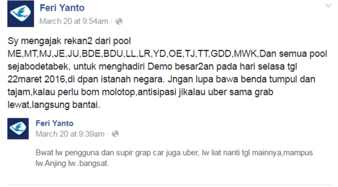 Status Feri Yanto yang mengajak para sopir taksi untuk ikut melakukan aksi anarkis. | via: facebook.com