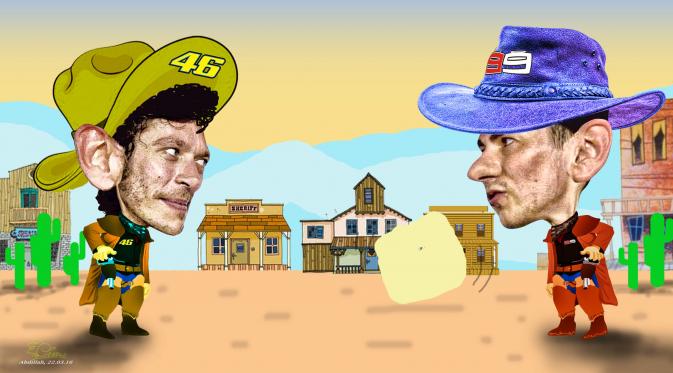 Karikatur Cowboy Valentino Rossi vs Jorge Lorenzo (Abdillah/Liputan6.com)