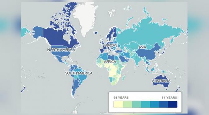 Peta sebaran tingkat harapan hidup di dunia 2016 (Foto: Telegraph Travel).