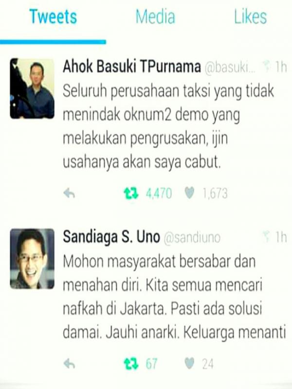 Beda status Twitter Pak Ahok dan pesaingnya di Pilkada DKI Jakarta 2017, Sandiaga Uno, soal demo taksi | Via: istimewa