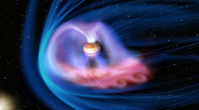 Ilustrasi terpaan angin matahari yang memampatkan magnetosfer planet Jupiter sehingga memicu aurora sinar X di planet raksasa tersebut. (Sumber JAXA)