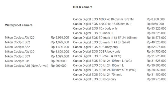 Harga waterproof camera dan DSLR camera