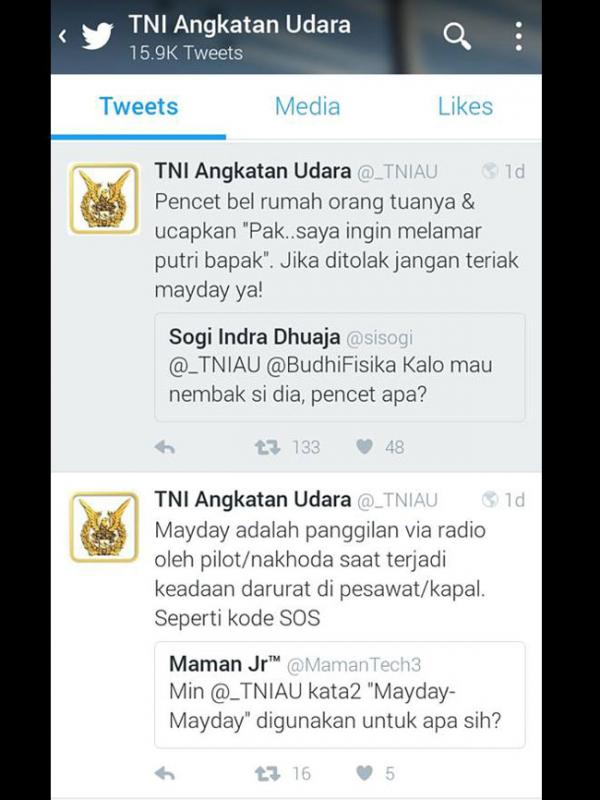 Kicauan Twitter TNI AU yang jenaka bikin netizen ngakak-ngakak | Via: twitter.com