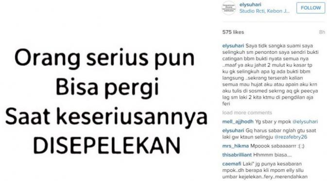 Ketahuan Selingkuh, Elly Sugigi Siap Ceraikan Ferry Anggara? [foto: instagram/elysuhari]