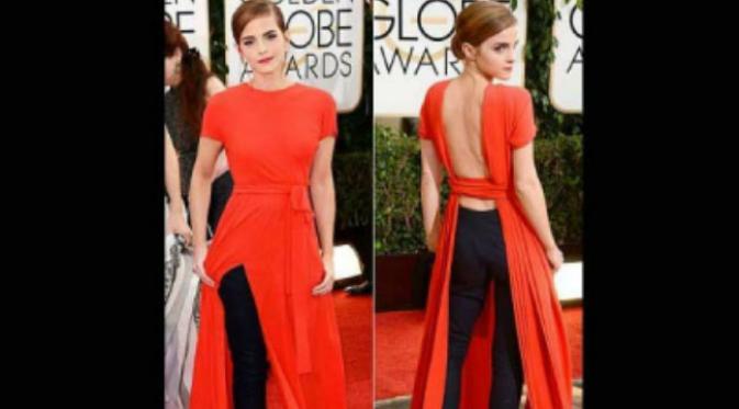 Emma Watson tampil trendi dan dinamis dengan busana berwarna merah