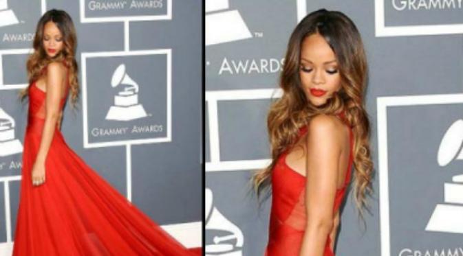 Balutan busana seksi berwarna merah yang membuat penampilan Rihanna kian menarik.