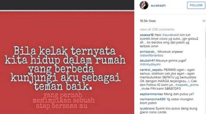 Aura Kasih mengunggah foto berisi kalimat yang mengindikasikan ia putus dari Glenn Fredly (Instagram/@aurakasih)
