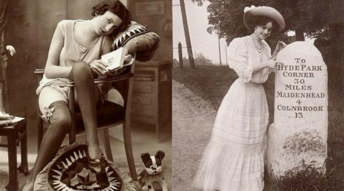 Perempuan berpakaian seperti gambar kiri dianggap erotis (1920) dan gambar kanan menunjukkan Artis Inggris di tahun 1919 (Foto: PostMan).