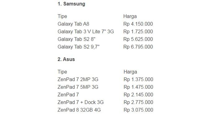 Harga tablet Samsung dan Asus