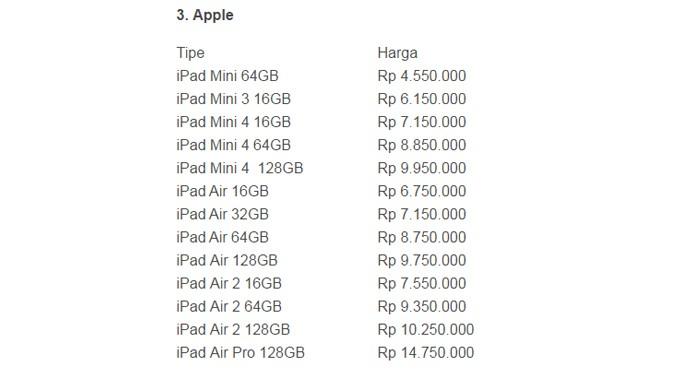 Daftar harga Apple iPad