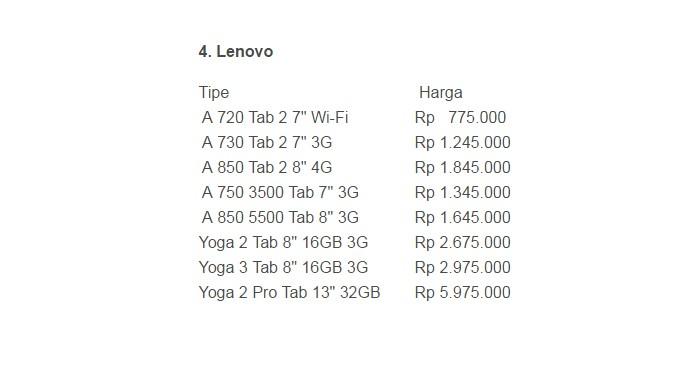 Daftar harga tablet Lenovo