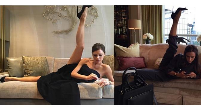 Victoria Beckham lihai menggunakan high heels.