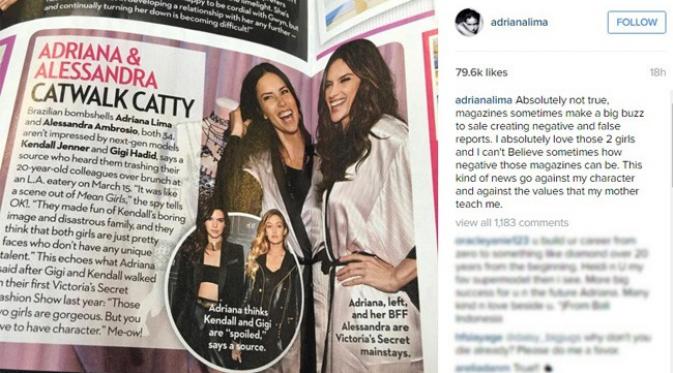 Adriana Lima tanggapi tudingan sebuah majalah cetak atas dirinya dan sahabatnya, Alessandra Ambrosio. (Sumber: Instagram)