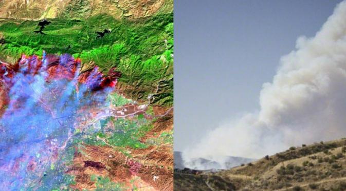 Kebakaran pada tahun 2003 di dekat Cajon Pass, Pegunungan San Benardino. Asap hasil kebakaran ditunjukkan dengan warna biru. (Foto: NASA/Eric Rosenwald/Demotix/Corbis).